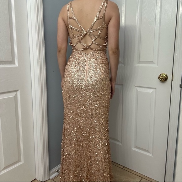 Promgirl Dress Long Sequin Formal Gold Strappy Back Prom Size 2 Extra Small - Picture 3 of 6